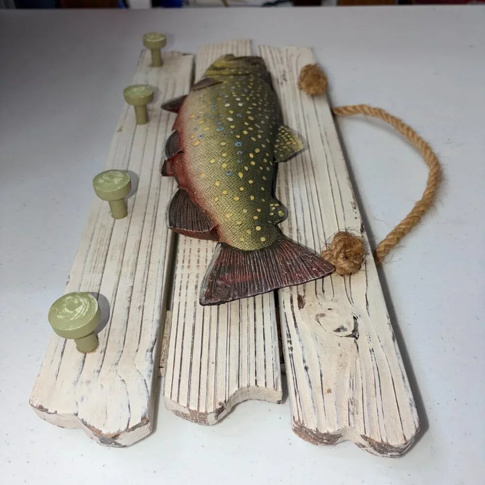 Brook Trout Resin Wall Art 4 Hooks Hanging Rack Realistic 2D Cabin Lodge Western
